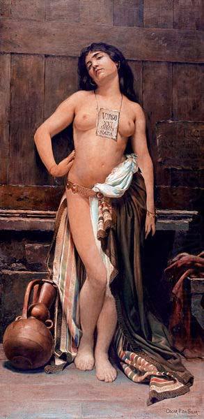 Roman Slave. Placard hung around neck reads, Oscar Pereira da Silva